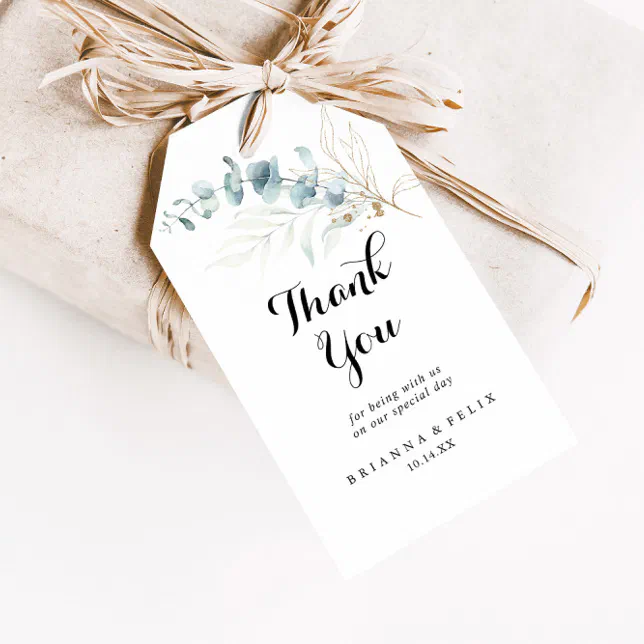 Rustic Eucalyptus Gold Floral Wedding Thank You Gift Tags | Zazzle