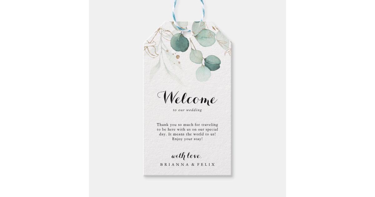 Rustic Eucalyptus Gold Floral Wedding Welcome Gift Tags | Zazzle