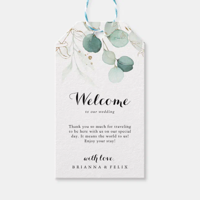 Rustic Eucalyptus Gold Floral Wedding Welcome Gift Tags | Zazzle