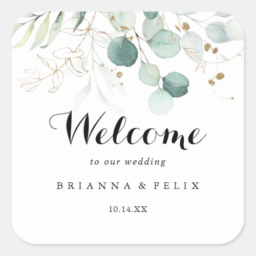 Rustic Eucalyptus Gold Floral Wedding Welcome Square Sticker