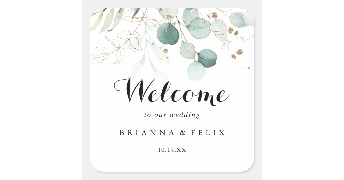 Rustic Eucalyptus Gold Floral Wedding Welcome Square Sticker | Zazzle