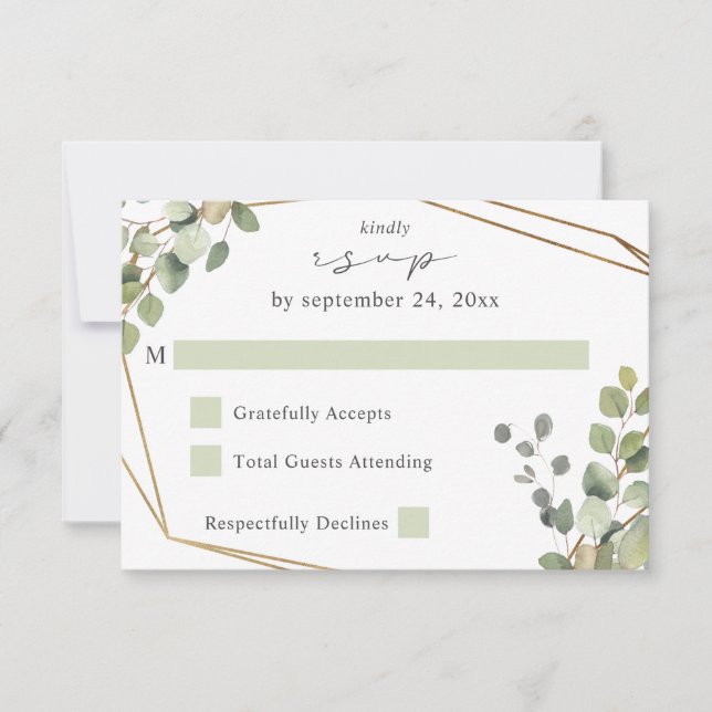 Rustic Eucalyptus & Gold Frame no Meal RSVP V2 Card (Front)