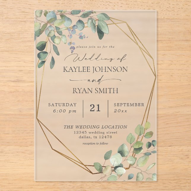 Rustic Eucalyptus & Gold Frame Wedding Acrylic Invitations (Front)