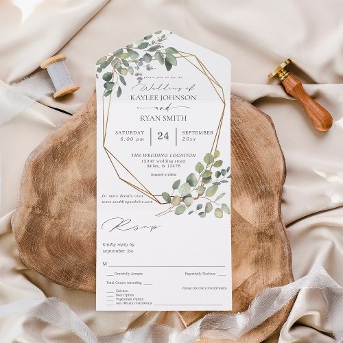Rustic Eucalyptus  Gold Frame Wedding All In One Invitation