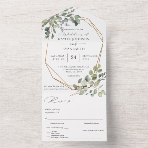 Rustic Eucalyptus  Gold Frame Wedding All In One Invitation
