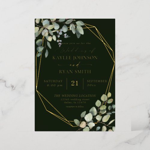 Rustic Eucalyptus  Gold Frame Wedding Full _Green Foil Invitation