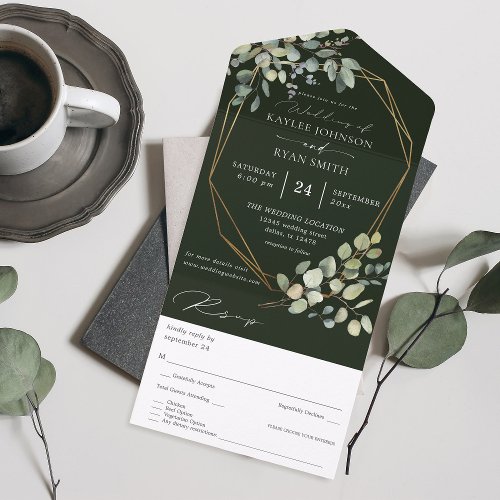 Rustic Eucalyptus  Gold Frame Wedding _ Green All In One Invitation