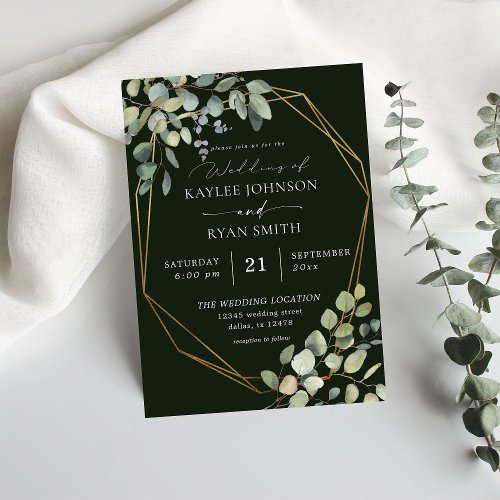 Rustic Eucalyptus  Gold Frame Wedding_ Green Invitation