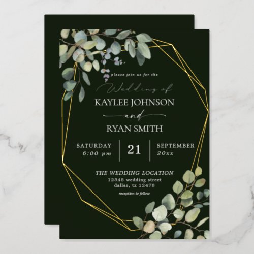 Rustic Eucalyptus  Gold Frame Wedding Green Real  Foil Invitation