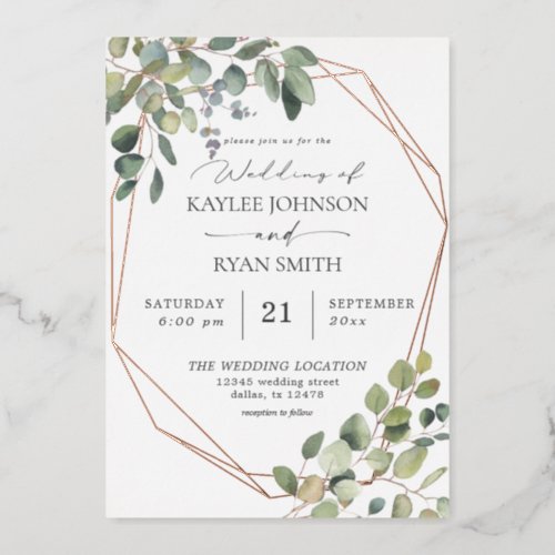 Rustic Eucalyptus  Gold Frame Wedding Real  Foil Invitation