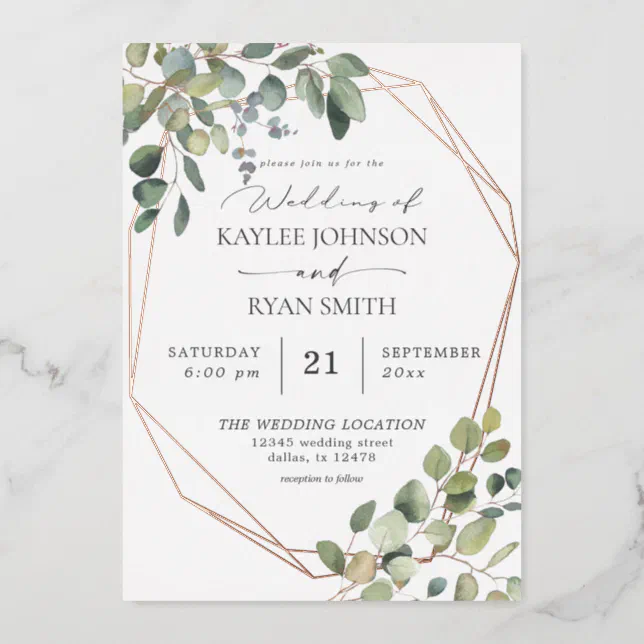 Rustic Eucalyptus & Gold Frame Wedding Real Foil Invitation | Zazzle