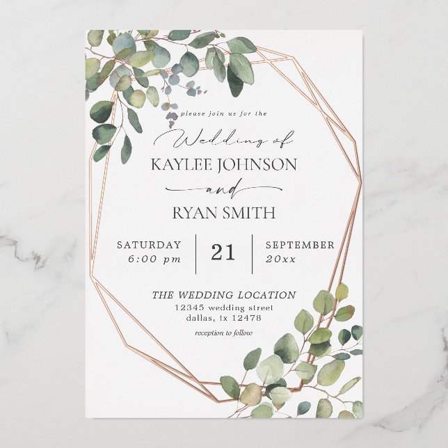 Rustic Eucalyptus & Gold Frame Wedding Real  Foil Invitation (Front)