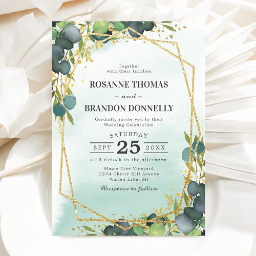 Rustic Eucalyptus Gold Geometric Wedding Invitation