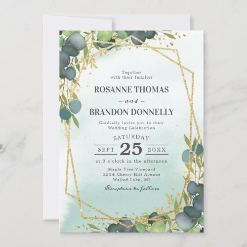 Rustic Eucalyptus Gold Geometric Wedding Invitation - Eucalyptus wedding invitations featuring a rustic faded watercolor washed out backdrop, a gold glitter geometric shape, elegant green botanical leaves, splashes of faux gold foil, and a simple wedding template that is easy to personalize.