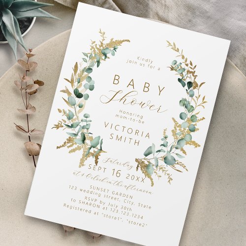 Rustic eucalyptus gold greenery boho Baby Shower Invitation