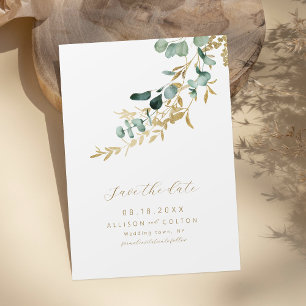 Rustic eucalyptus gold greenery boho save the date