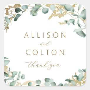 Rustic eucalyptus gold greenery boho wedding favor square sticker