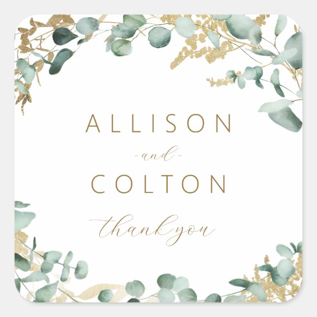 Rustic eucalyptus gold greenery boho wedding favor square sticker (Front)