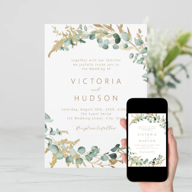 Rustic Eucalyptus Gold Greenery Boho Wedding Invitation Zazzle 7834