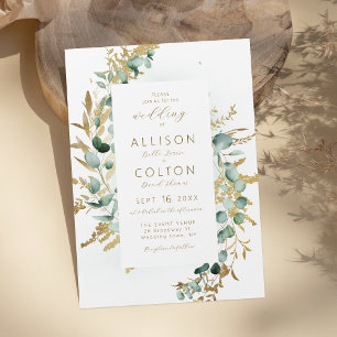 Rustic eucalyptus gold greenery boho wedding invitation