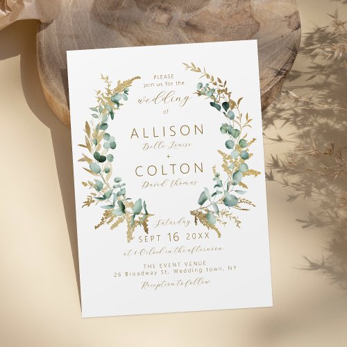 Rustic eucalyptus gold greenery boho wedding invitation