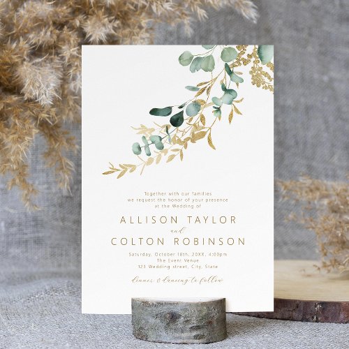 Rustic eucalyptus gold greenery boho wedding invitation