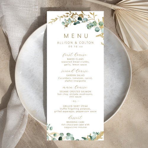 Rustic eucalyptus gold greenery boho wedding  menu