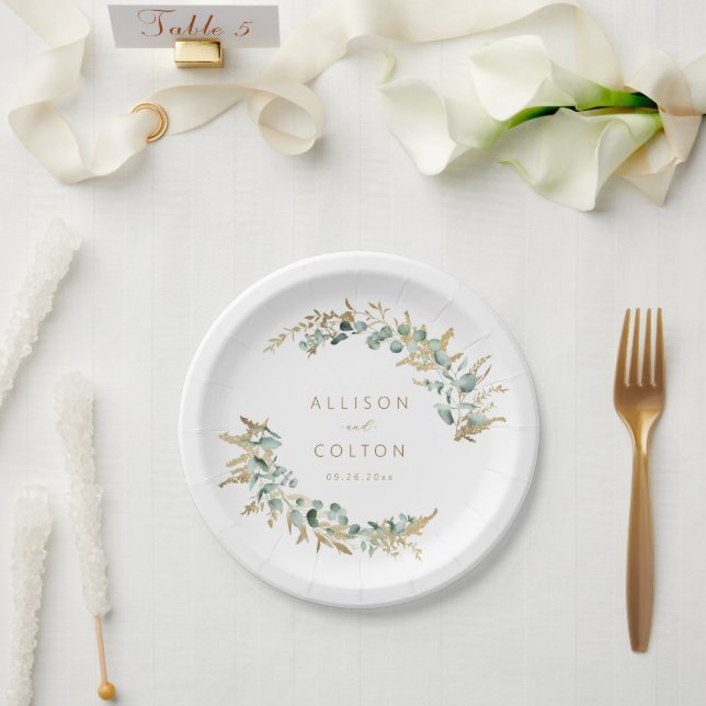 Rustic eucalyptus gold greenery boho wedding  paper plates (Wedding)