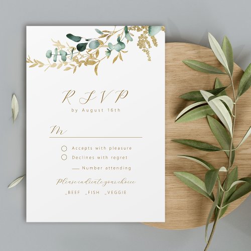 Rustic eucalyptus gold greenery boho wedding RSVP