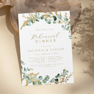 Rustic eucalyptus gold greenery rehearsal dinner invitation