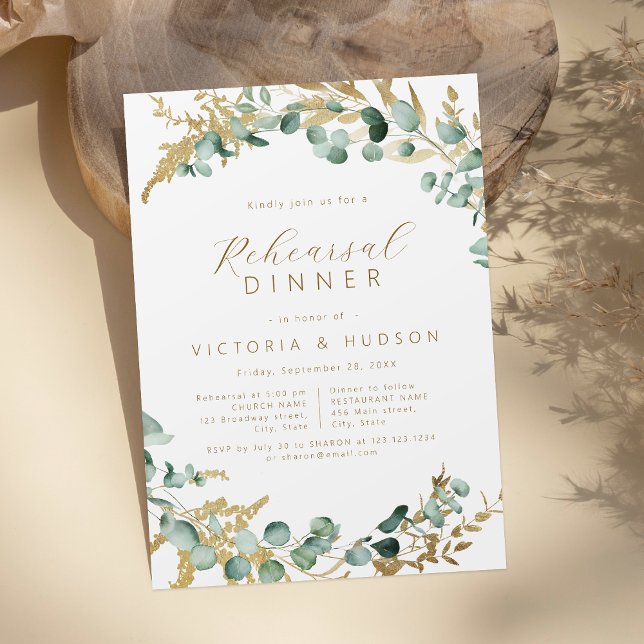 Rustic eucalyptus gold greenery rehearsal dinner invitation (Rustic eucalyptus gold greenery rehearsal dinner invitation)