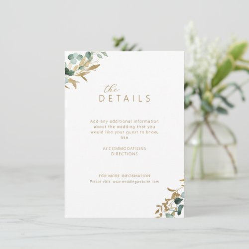 Rustic eucalyptus gold greenery wedding details enclosure card