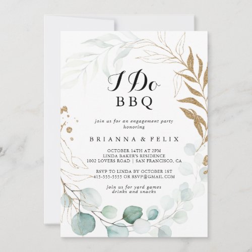 Rustic Eucalyptus Gold I Do BBQ Engagement Party Invitation