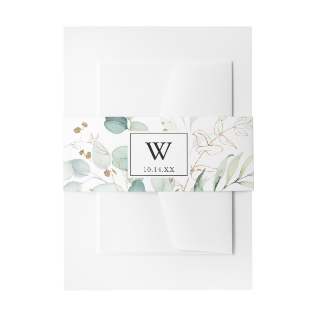 Rustic Eucalyptus Gold Monogram Wedding Invitation Belly Band (Front Example)
