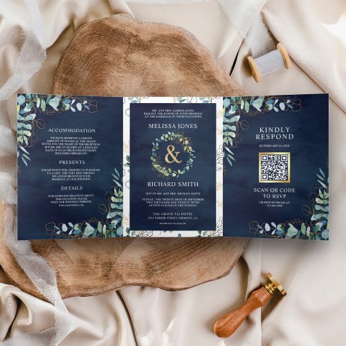 Rustic Eucalyptus Gold Navy Blue QR Code Wedding Tri_Fold Invitation