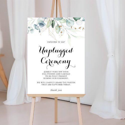 Rustic Eucalyptus Gold Unplugged Ceremony Sign