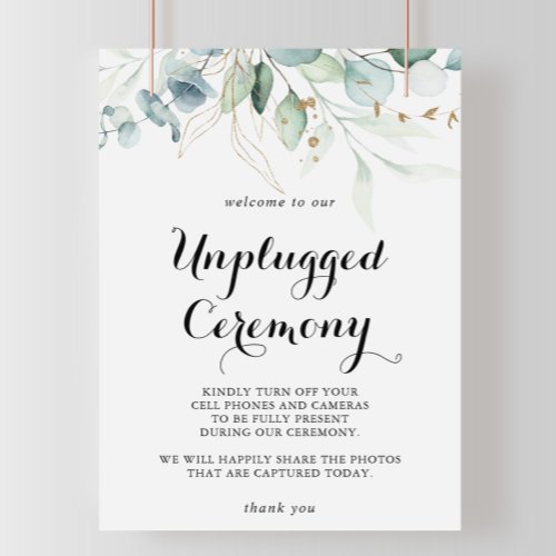 Rustic Eucalyptus Gold Unplugged Ceremony Sign