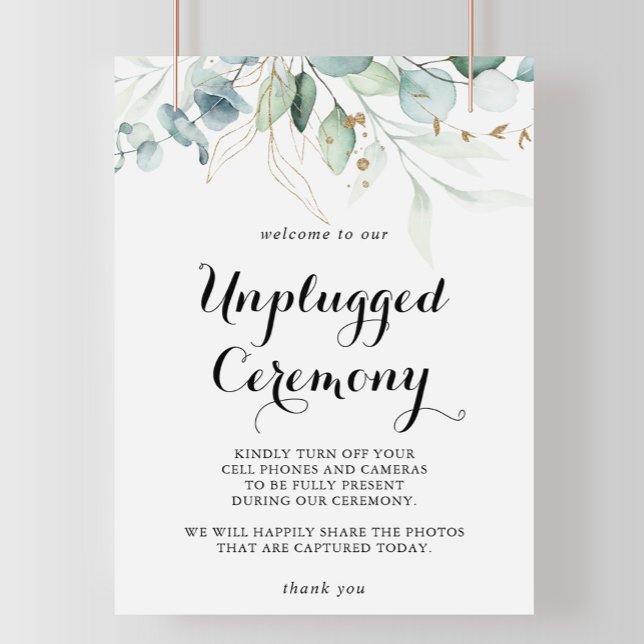 Rustic Eucalyptus Gold Unplugged Ceremony Sign (Creator Uploaded)