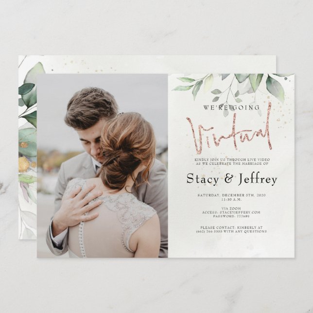 Rustic Eucalyptus Gold Virtual Wedding Invitation (Front/Back)