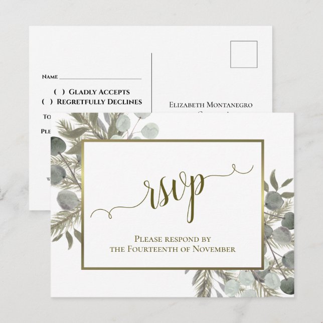 Rustic Eucalyptus & Golden Pine Wedding RSVP Postcard (Front/Back)