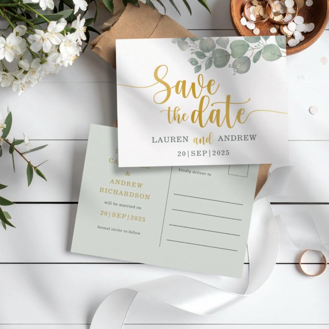 Rustic Eucalyptus Green/Gold Wedding Save the Date Postcard (Creator Uploaded)
