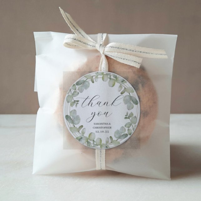 Rustic Eucalyptus Green Wedding Thank You Favor  Classic Round Sticker (Creator Uploaded)