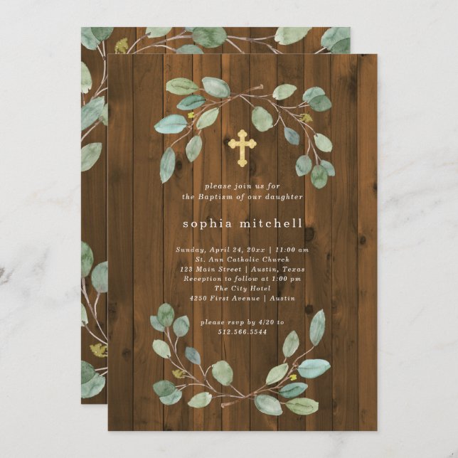 Rustic Eucalyptus Greenery and Gold Cross Baptism Invitation (Front/Back)