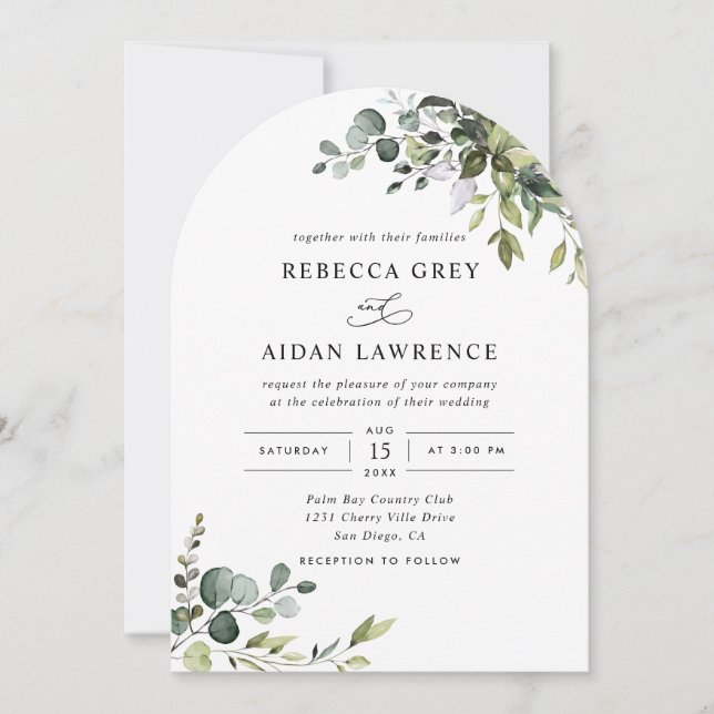 Rustic Eucalyptus Greenery Arched Wedding Invitation (Front)