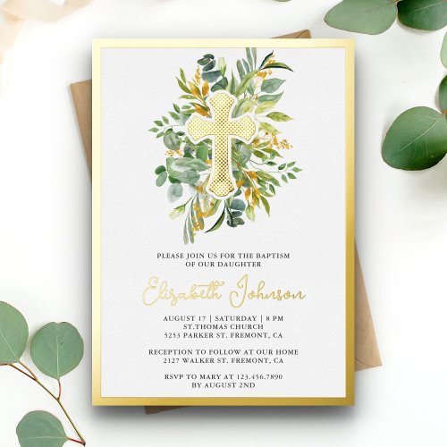 Rustic Eucalyptus Greenery Baptism Gold Foil Invitation