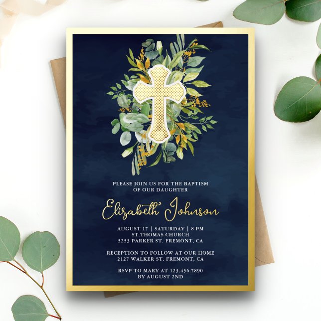 Rustic Eucalyptus Greenery Baptism Navy Blue Gold Foil Invitation (Creator Uploaded)