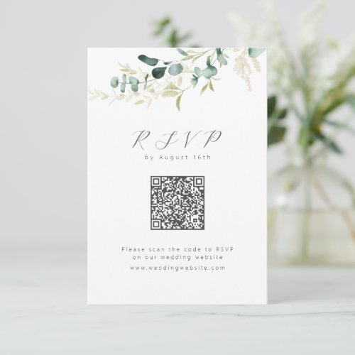 Rustic eucalyptus greenery boho QR code wedding RSVP Card