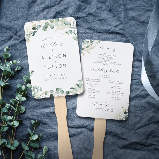 Rustic eucalyptus greenery boho wedding program hand fan (Creator Uploaded)