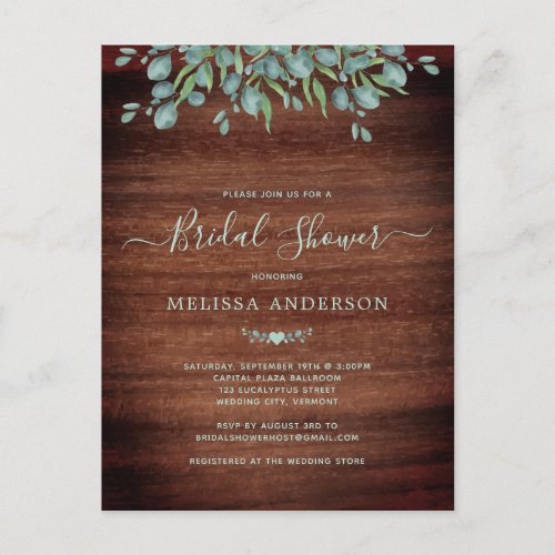 Rustic Eucalyptus Greenery Bridal Shower Invitation Postcard