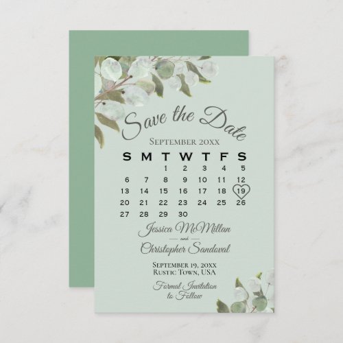 Rustic Eucalyptus Greenery Calendar Mint Wedding Save The Date